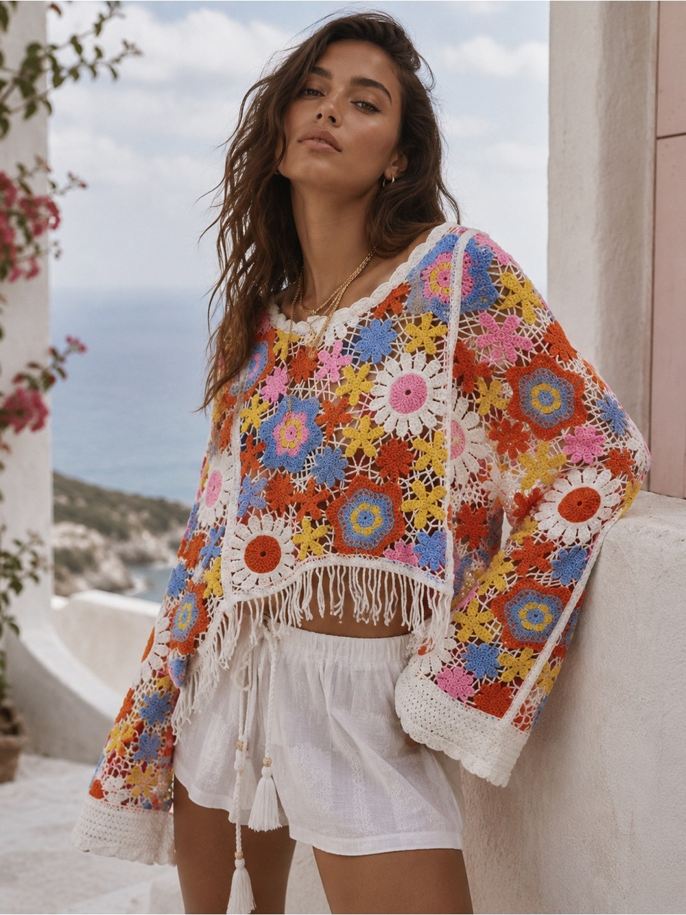 House of Harlow 1960 by Revolve Floral Crochet Fringe Sweater Cover-Up One Size